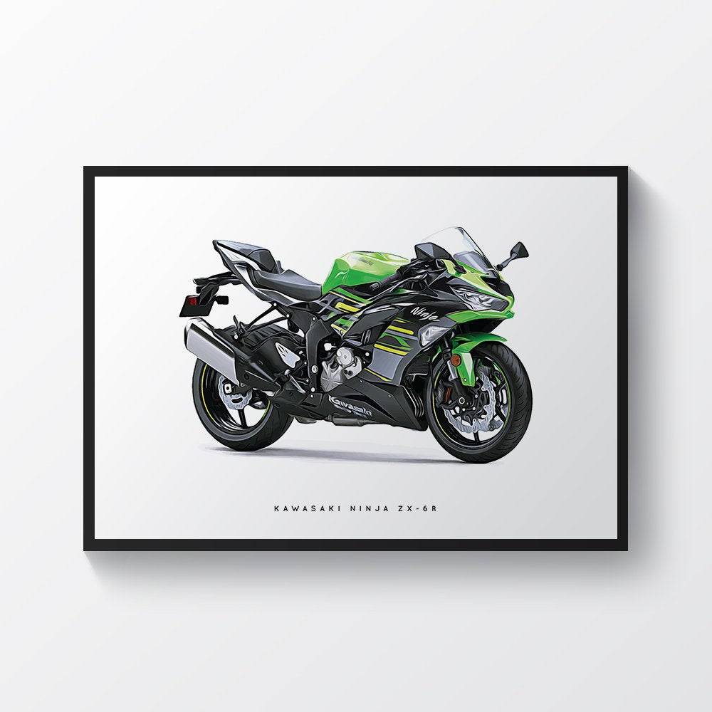 Kawasaki Ninja Zx-6R Motorcycle Print Sports Bike Motorbike - Poster | Canvas Wall Art Print