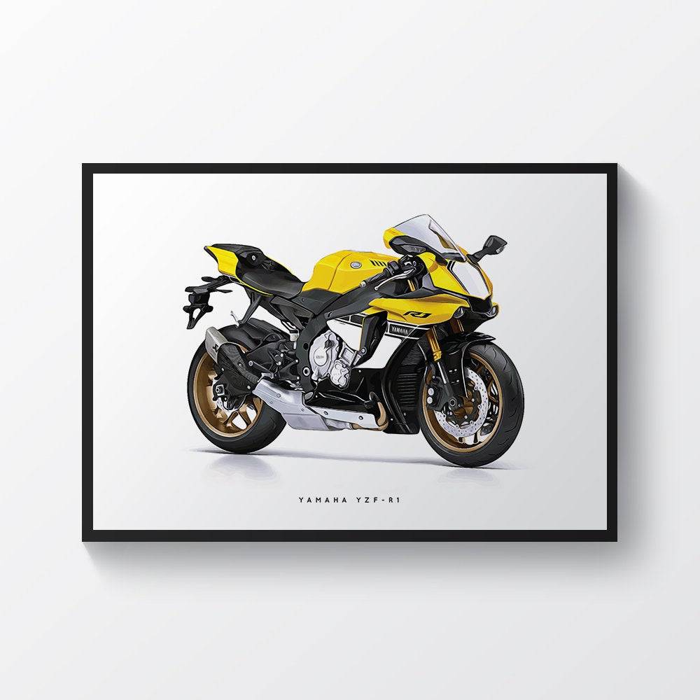 Yamaha Yzf-R1 Yellow Motorcycle Print Sports Bike Motorbike - Poster | Canvas Wall Art Print