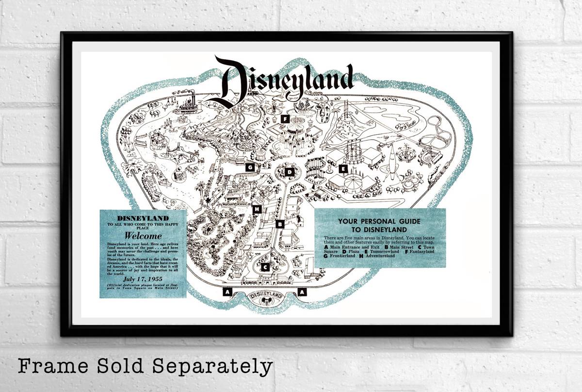 Vintage 1950'S Disneyland Map Illustration #1 - Walt Disney Fantasy Theme Park - Poster | Canvas Wall Art Print