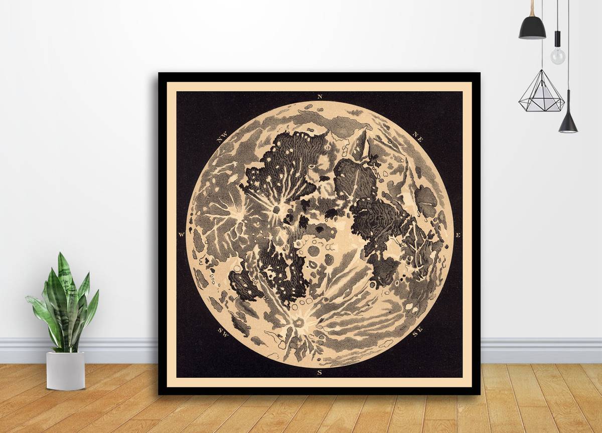 Old Maps - Telescopic View Of The Moon (1870) Art - Poster | Canvas Wall Art Print