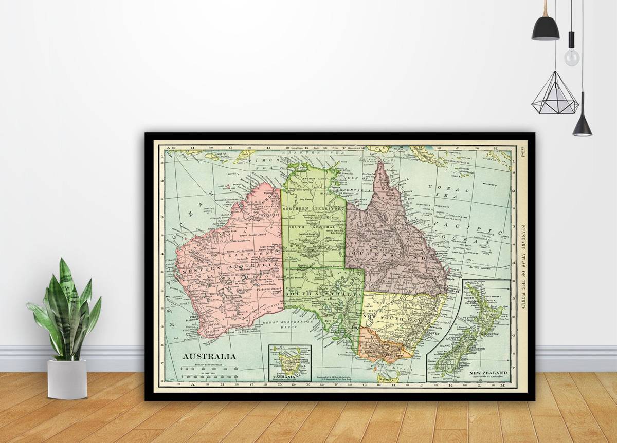 Map Of Australia Full World Globe New Zealand Art - Poster | Canvas Wall Art Print