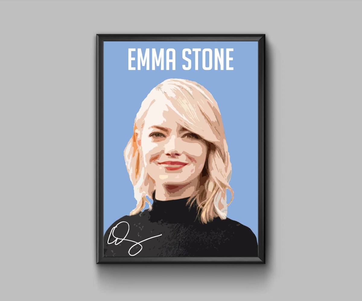 Emma Stone In Blue With Signature - Poster | Canvas Wall Art Print