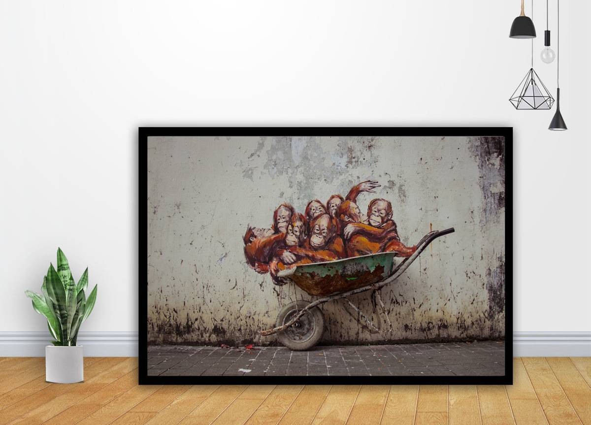 Street Monkey Orangutan Wheel Barrow Painting Art Poster - Poster | Canvas Wall Art Print