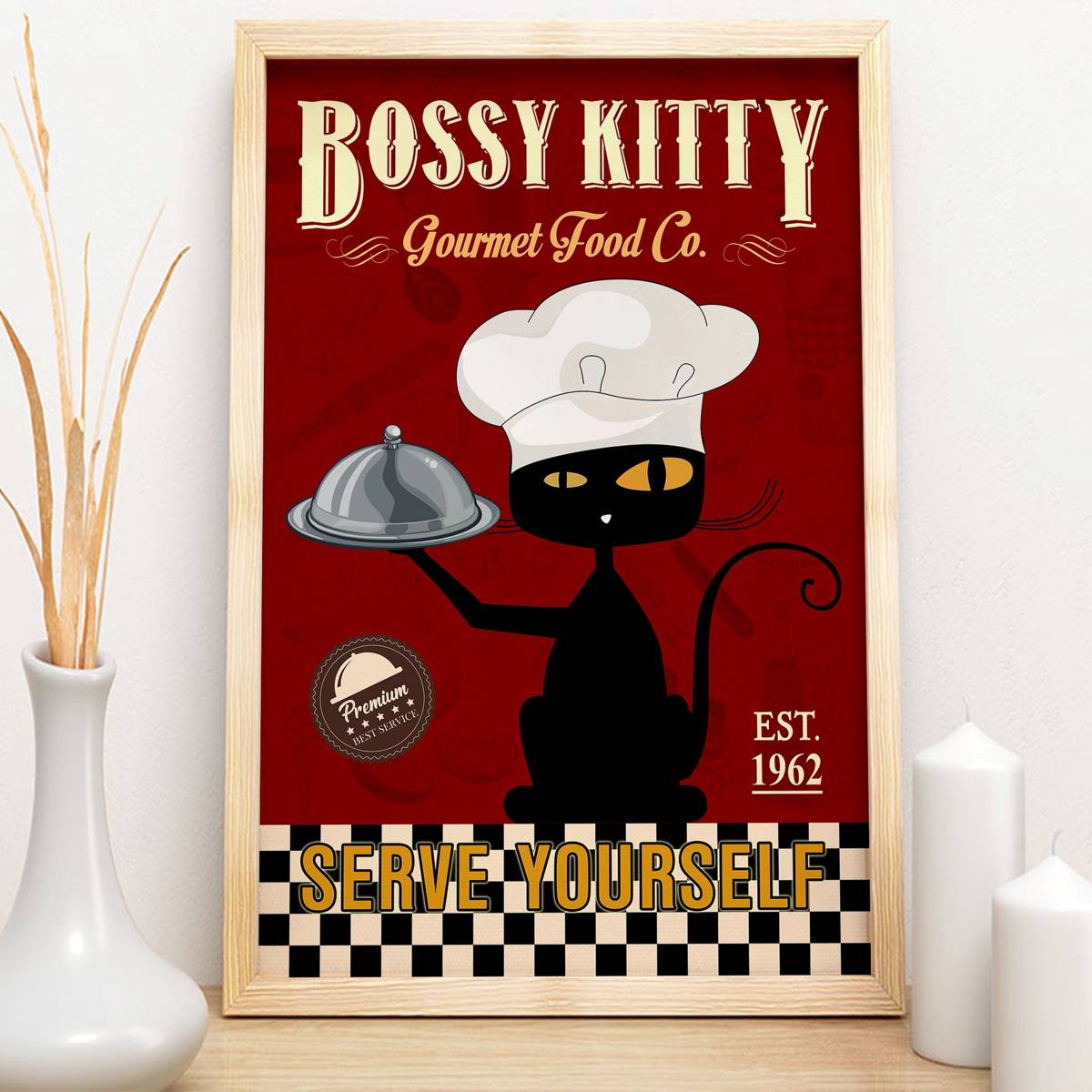 Bossy Kitty Serve Yourself, Gourmet Food Co. Vintage Kitty, Retro Style, Funny Kitty - Poster | Canvas Wall Art Print