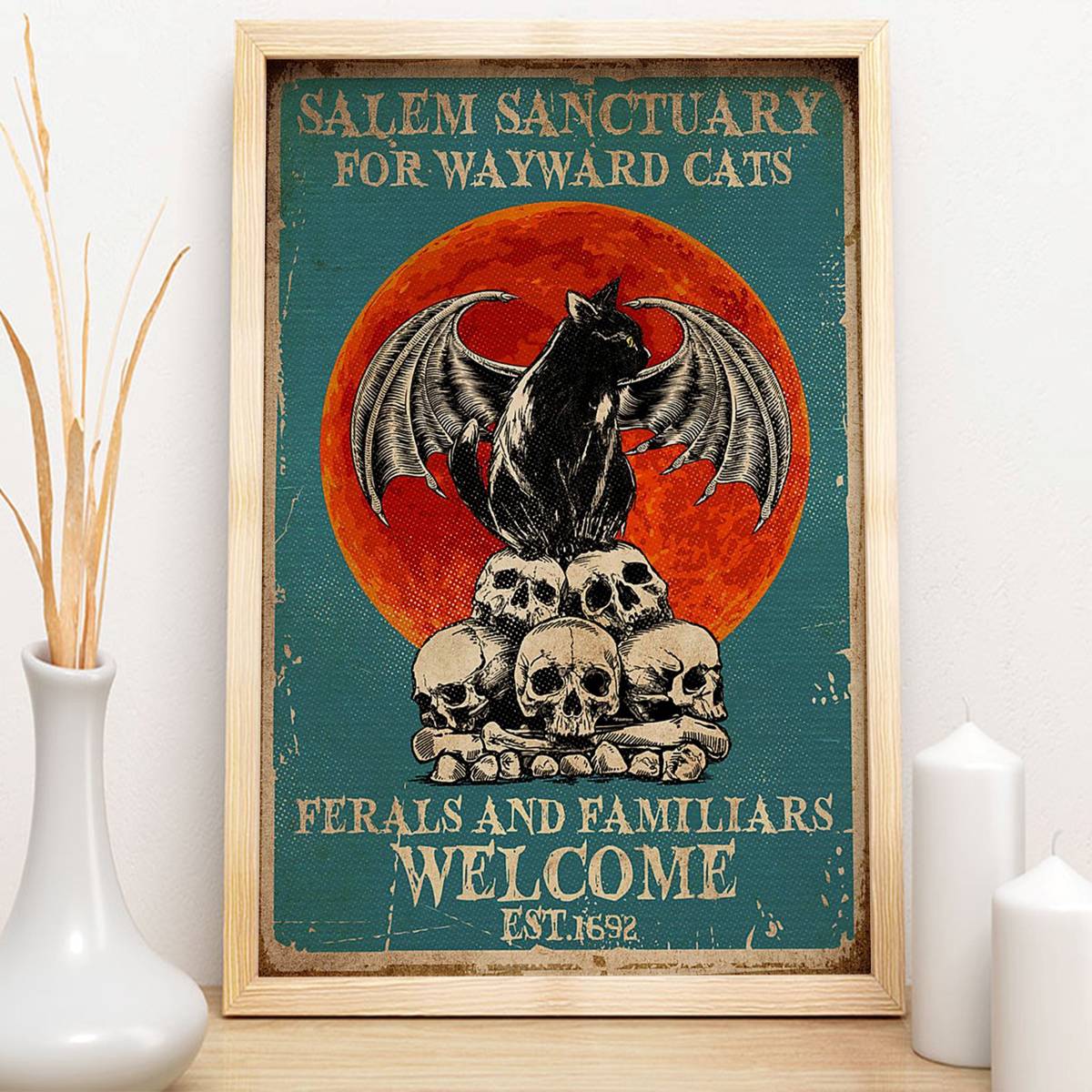 Black Cat Salem Sanctuary For Wayward Cat, Vintage Black Cat, Retro Style, Black Cat And Skulls - Poster | Canvas Wall Art Print