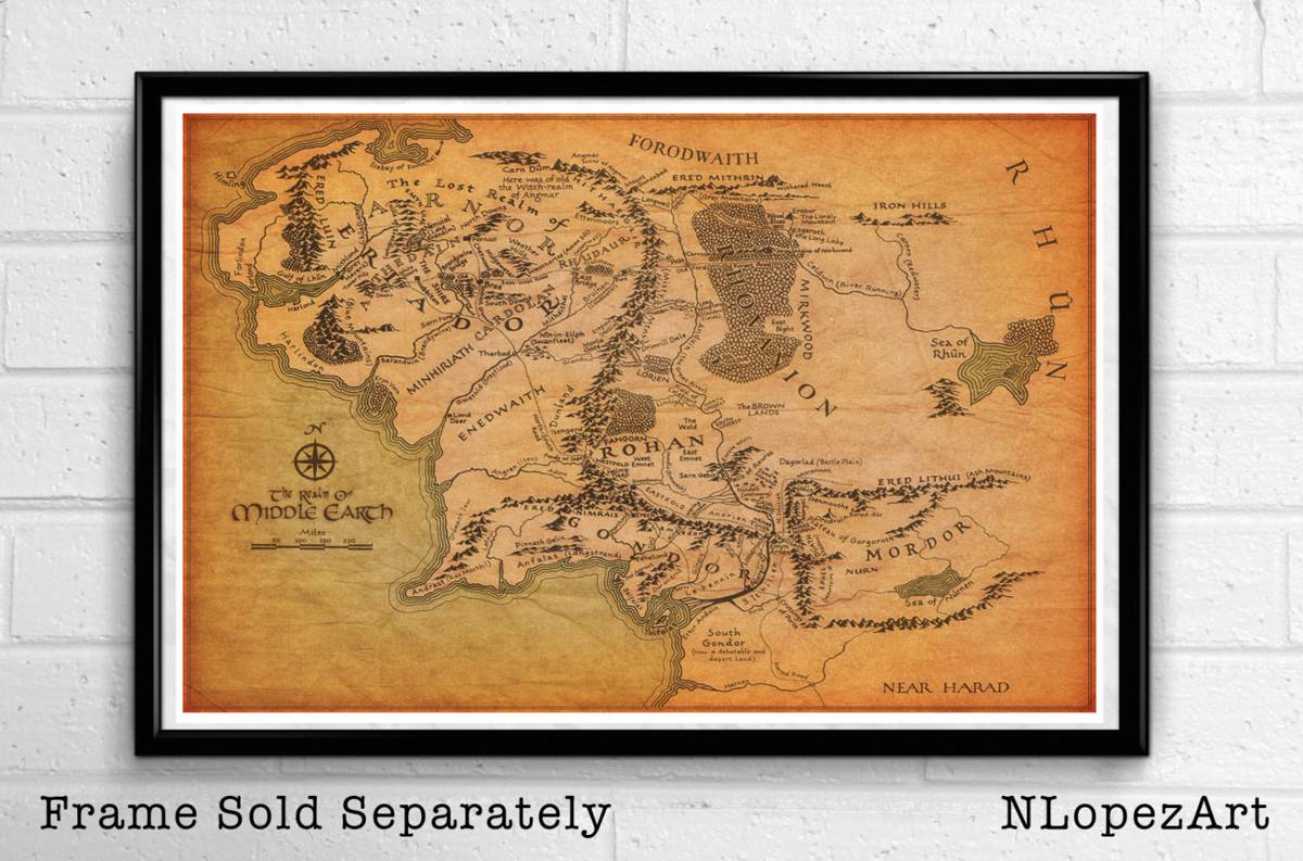 Map Of Middle Earth Illustration - The Lord Of The Rings And The Hobbit Fantasy - Poster | Canvas Wall Art Print