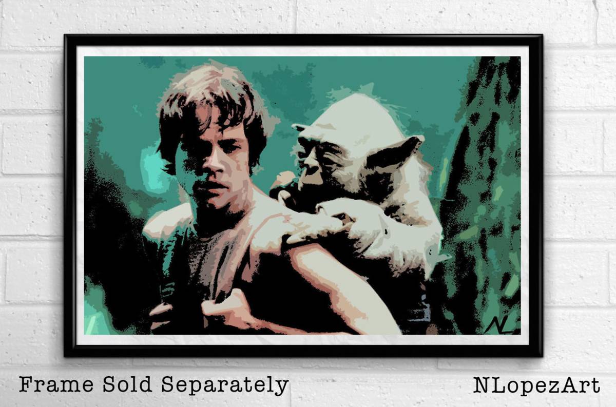 Star Wars Luke Skywalker And Yoda Illustration - Empire Strikes Back Jedi Film Movie - Poster | Canvas Wall Art Print