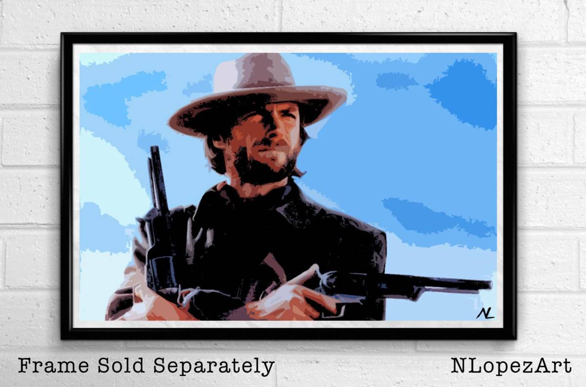 Clint Eastwood Cowboy Illustration #2 - Western Movie Film - Poster | Canvas Wall Art Print
