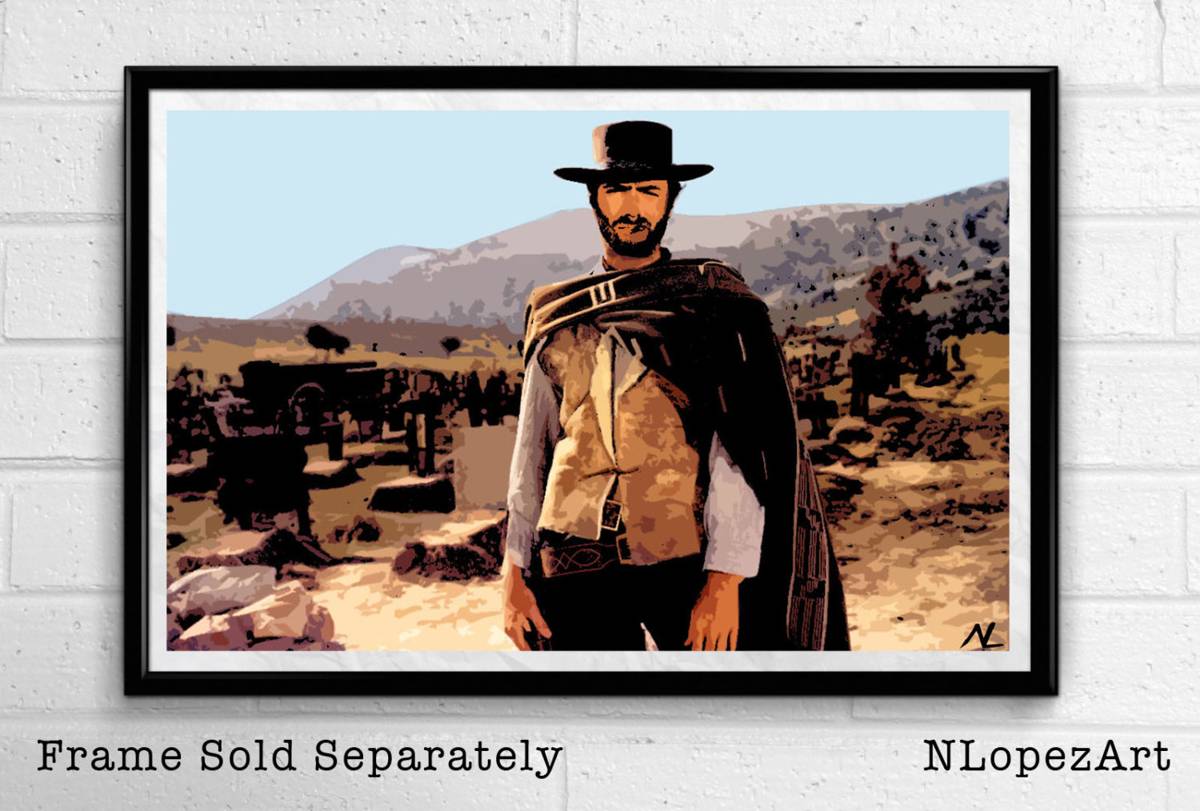 Clint Eastwood 'Man With No Name' Illustration #1 - Cowboy Movie Western Film - Poster | Canvas Wall Art Print