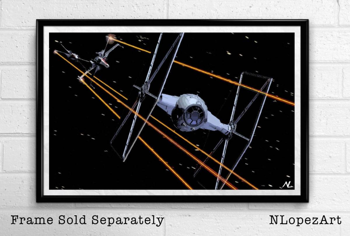 Star Wars Tie Fighter X-Wing Space Battle Illustration - Sci-Fi Film Movie - Poster | Canvas Wall Art Print