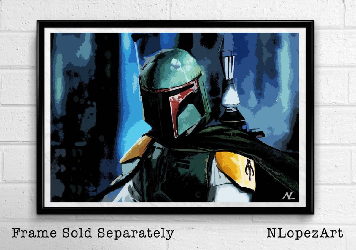 Star Wars Boba Fett Illustration - Mandalorian Bounty Hunter Film Sci-Fi Movie - Poster | Canvas Wall Art Print