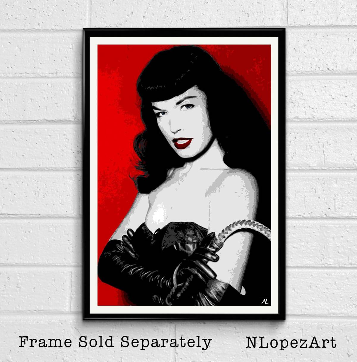 Bettie Page Sexy Red Pin-Up Illustration - Sexual Icon - Poster | Canvas Wall Art Print