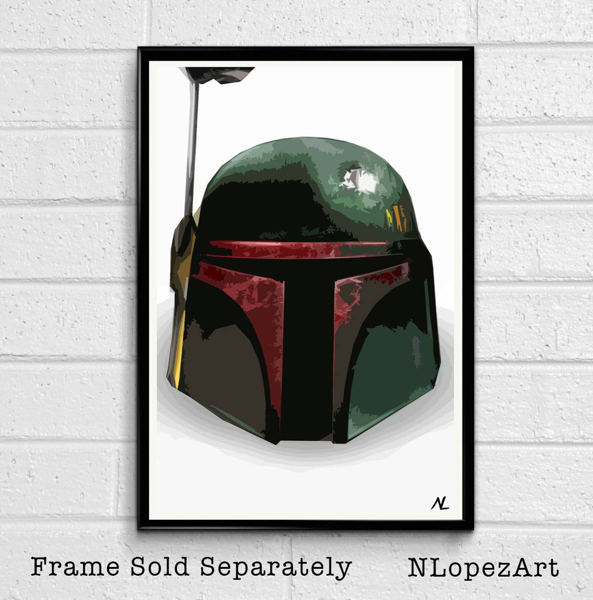 Star Wars Boba Fett Helmet Illustration - Mandalorian Bounty Hunter Sci-Fi Movie Film - Poster | Canvas Wall Art Print