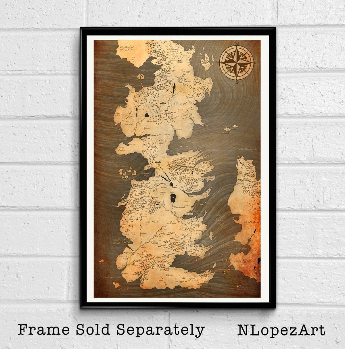 Westeros Map From Game Of Thrones (Vintage Style) Illustration - Song Of Ice And Fire Fantasy - Poster | Canvas Wall Art Print
