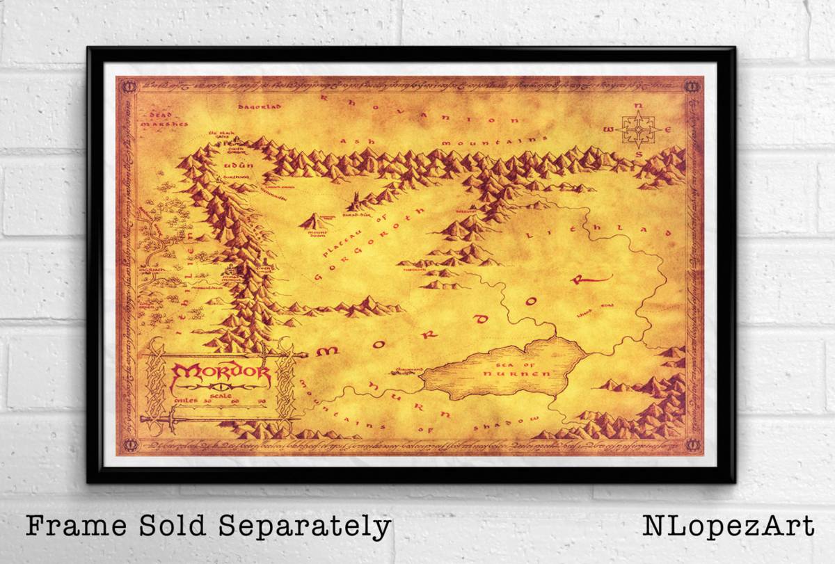 Mordor Map Of Middle Earth Illustration - The Lord Of The Rings And The Hobbit Poster Fantasy - Poster | Canvas Wall Art Print
