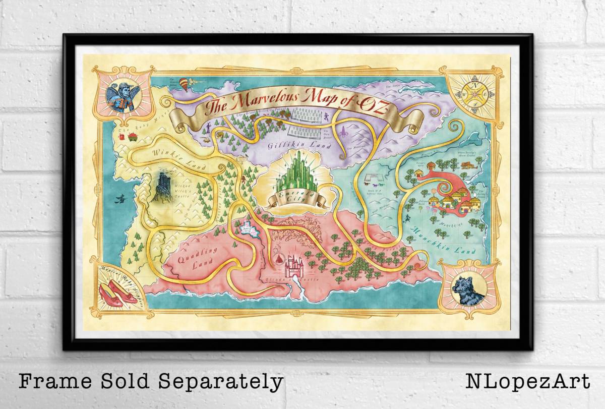 Land Of Oz Map From The Wizard Of Oz Illustration - Fantasy - Poster | Canvas Wall Art Print