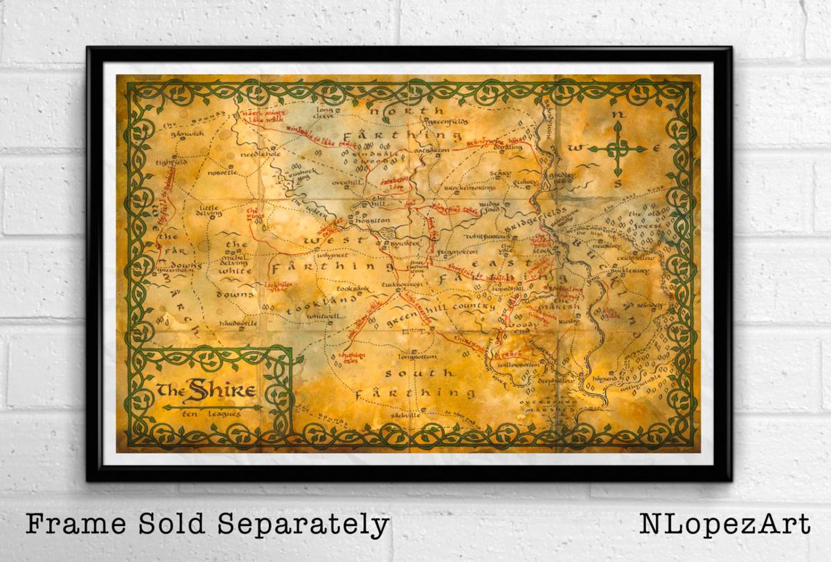The Shire Map Illustration From The Lord Of The Rings And The Hobbit -Fantasy - Poster | Canvas Wall Art Print