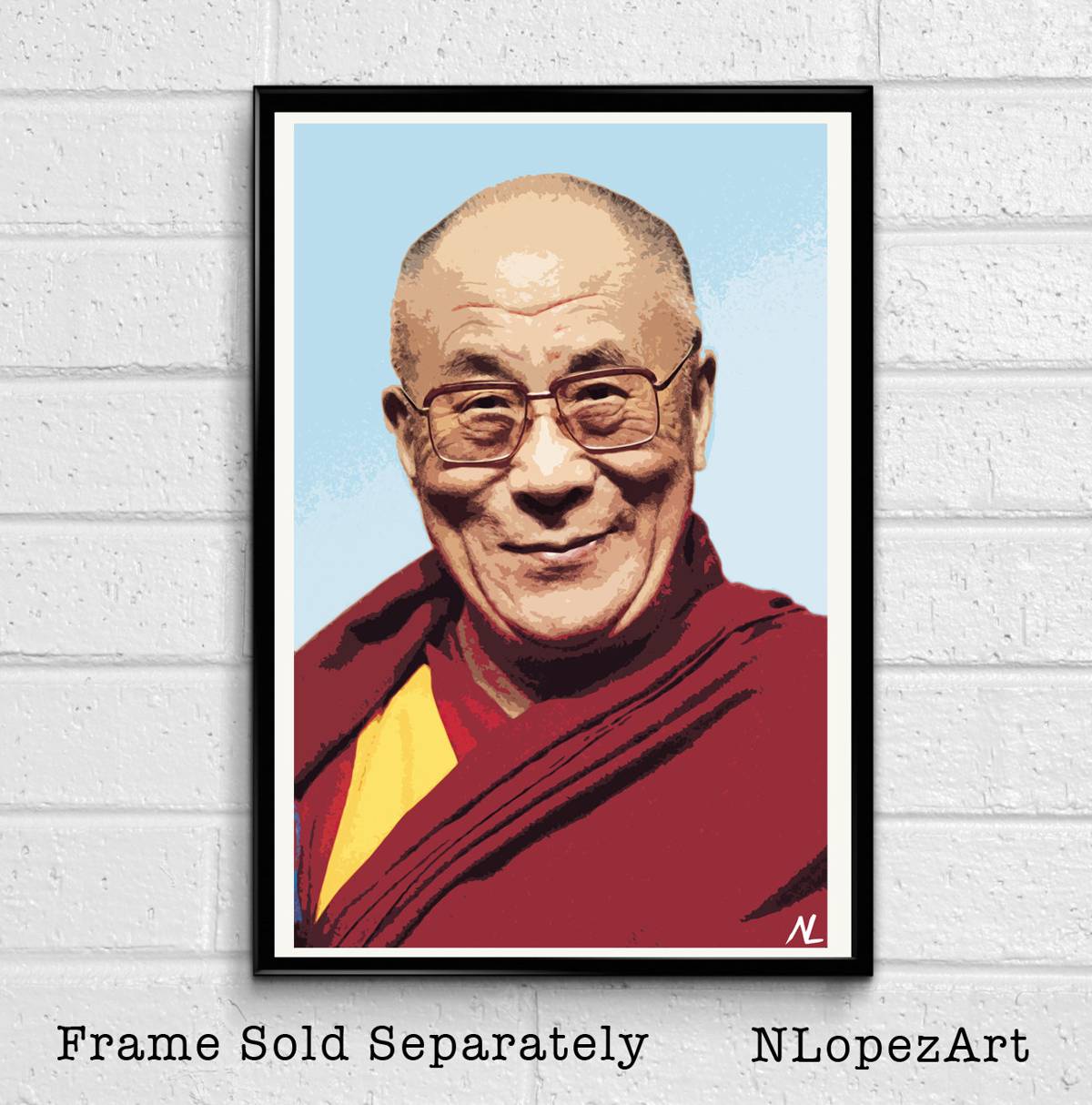 His Holiness The 14Th Dalai Lama Illustration - Tibet Celebrity Portrait Buddhist - Poster | Canvas Wall Art Print
