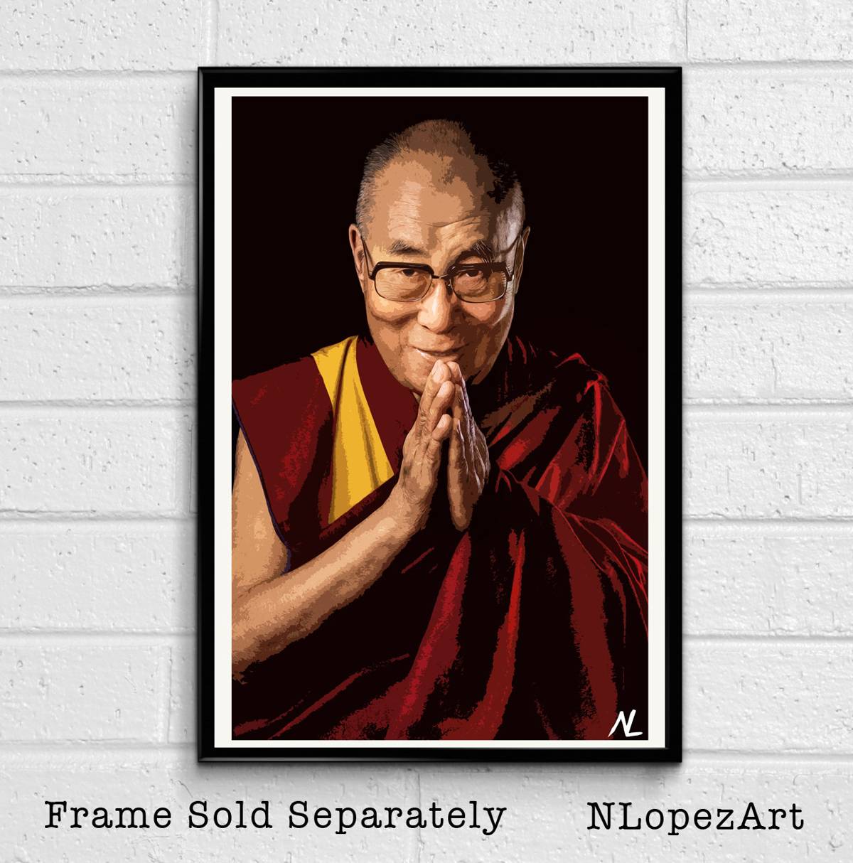 His Holiness The 14Th Dalai Lama Celebrity Portrait Illustration- Buddhist Tibet - Poster | Canvas Wall Art Print