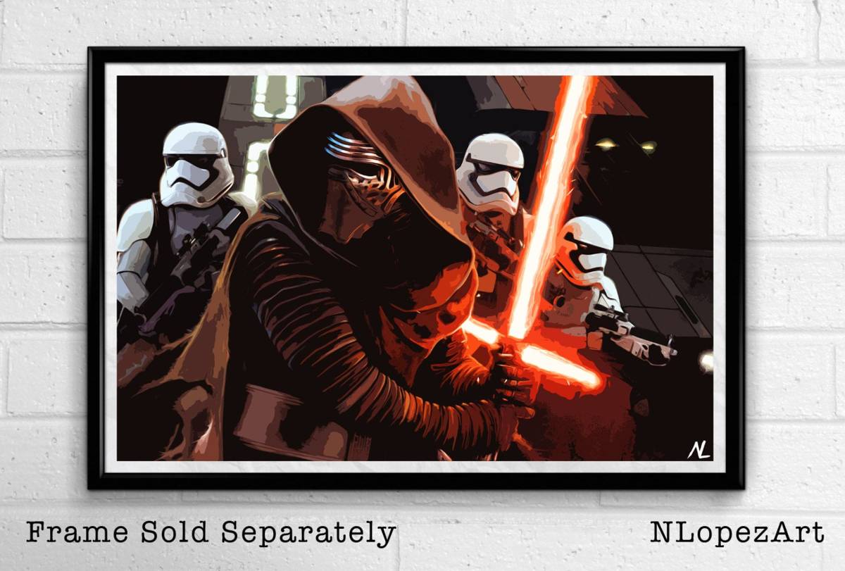 Star Wars Kylo Ren &amp;Amp;Amp; Stormtroopers Illustration - The Force Awakens Sci-Fi - Poster | Canvas Wall Art Print