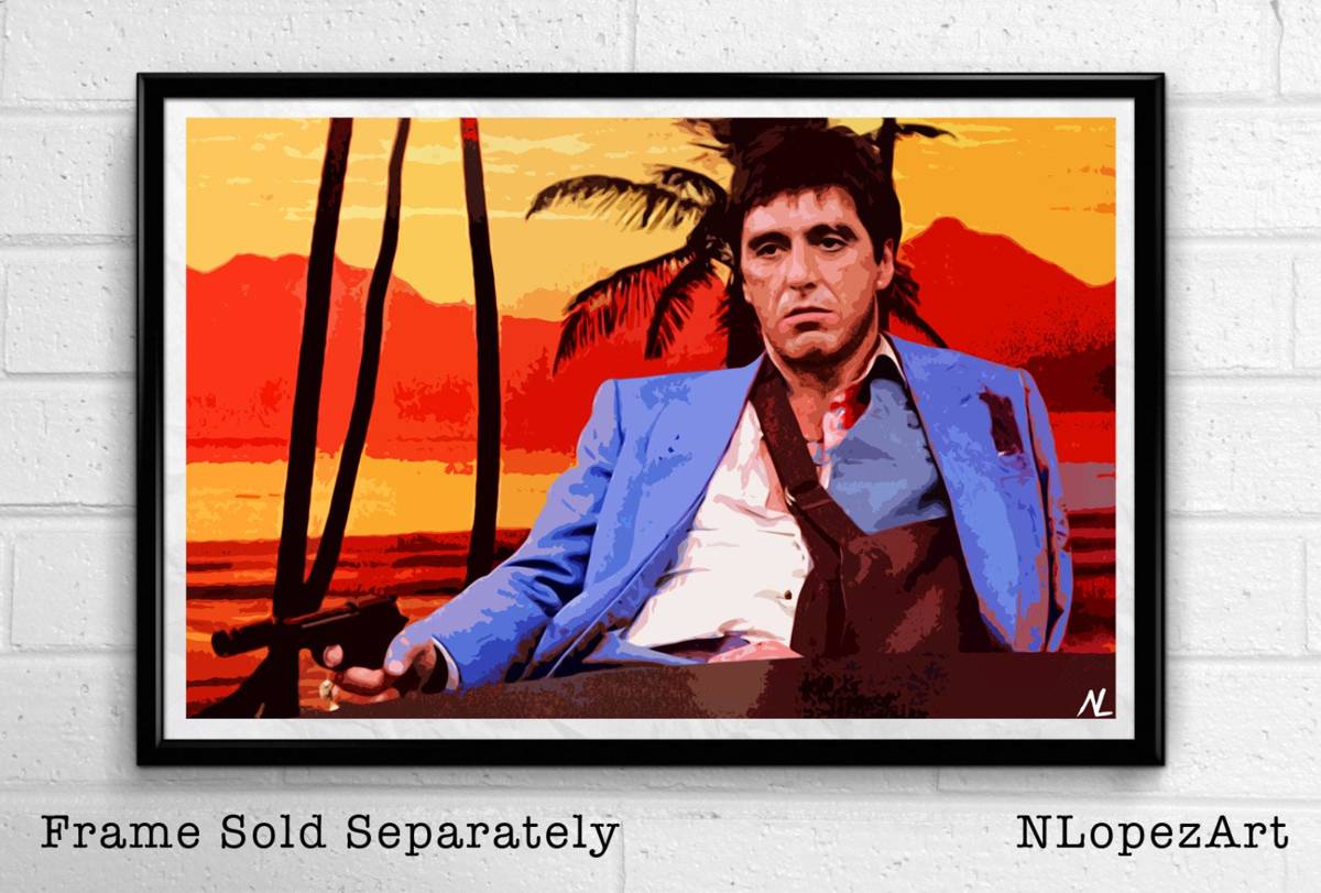 Scarface Tony Montana Illustration - Al Pacino Movie Gangster Icon Film - Poster | Canvas Wall Art Print