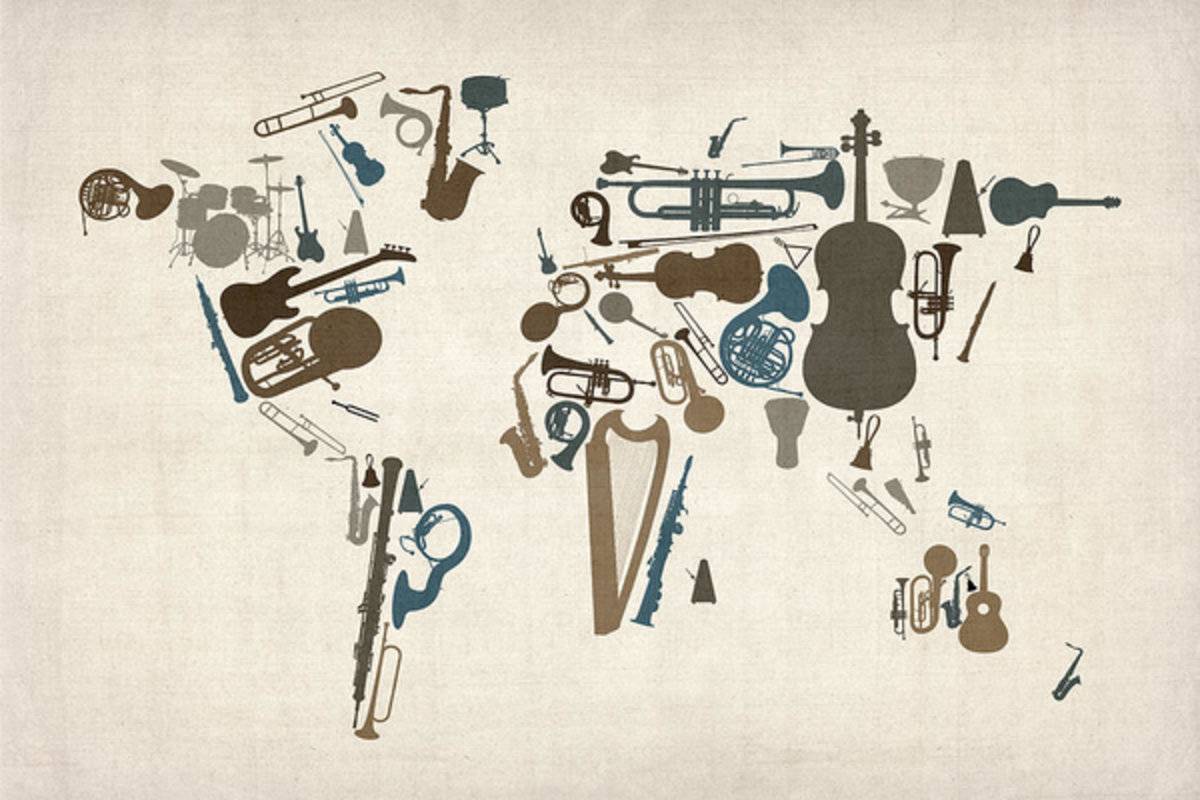 Musical Instruments Map Of The World Map - Poster | Canvas Wall Art Print