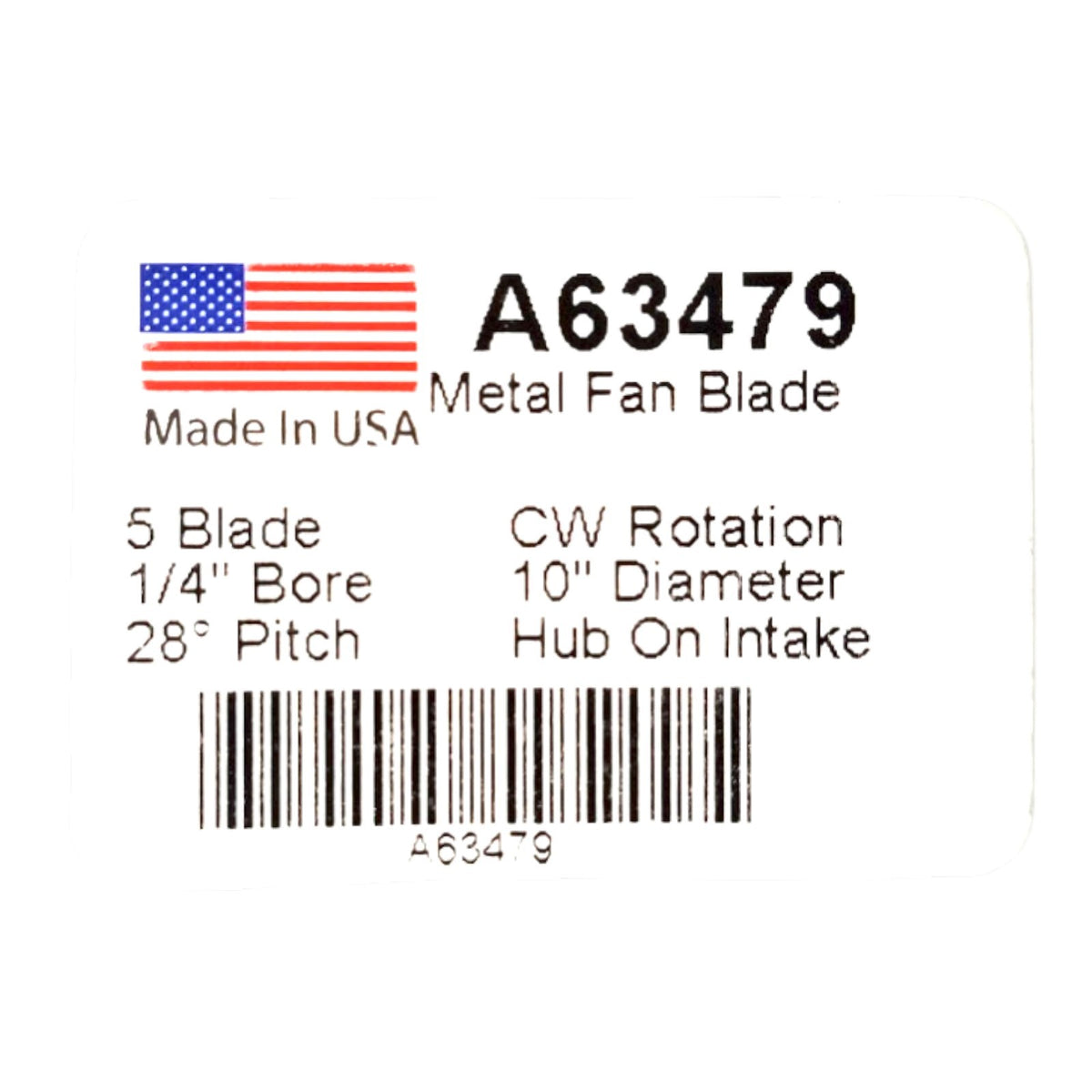 A63479 Metal Fan Blade 10" Diameter 5 Blades 1/4" Bore Hub CW 28 Degree Prop