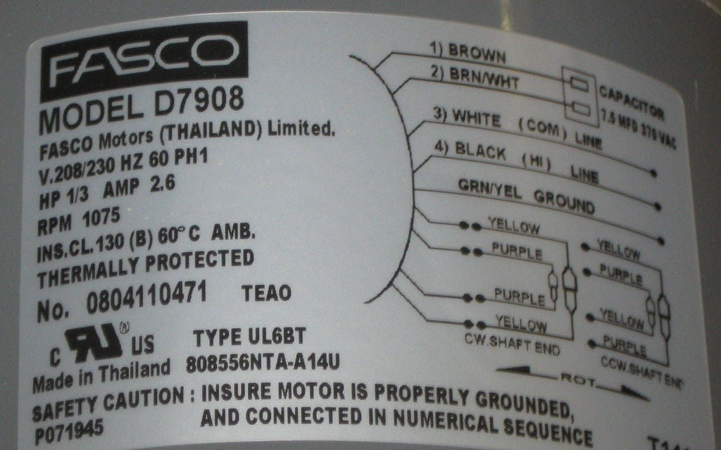 D7908 Fasco 1/3 HP 1075 RPM AC Air Conditioner Condenser Fan Motor TENV