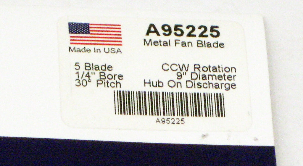 Metal Fan Blade A95225 9" Diameter 5 Blades 1/4" Bore Hub CCW 30 Degree Prop