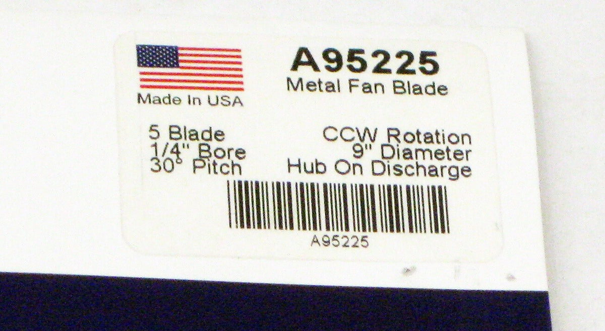 Metal Fan Blade A95225 9" Diameter 5 Blades 1/4" Bore Hub CCW 30 Degree Prop
