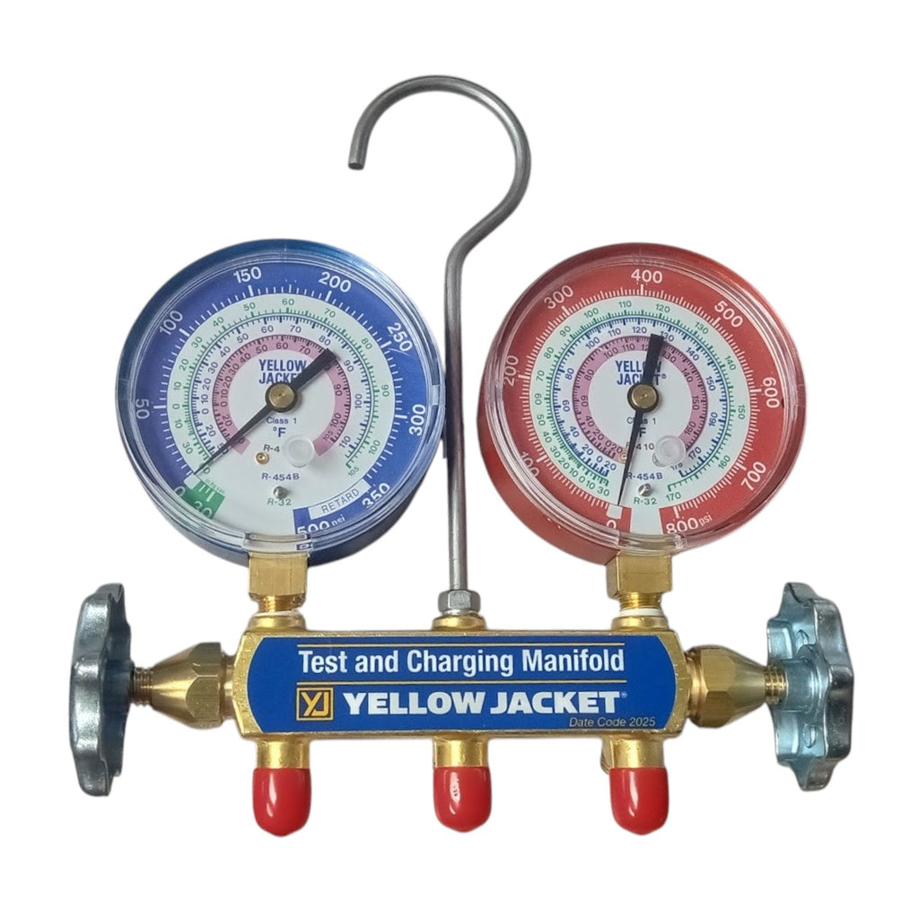 Yellow Jacket 42036 A2L Brass Manifold with 60" Hoses RYB for R32/454B/410A