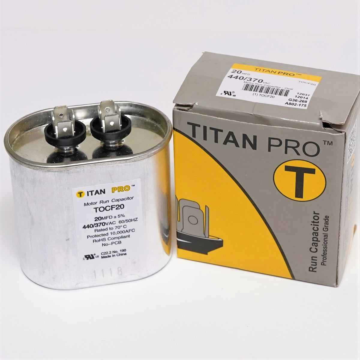 TitanPro TOCF20 HVAC Motor Run Oval Capacitor. 20 MFD/UF 440/370 Volts