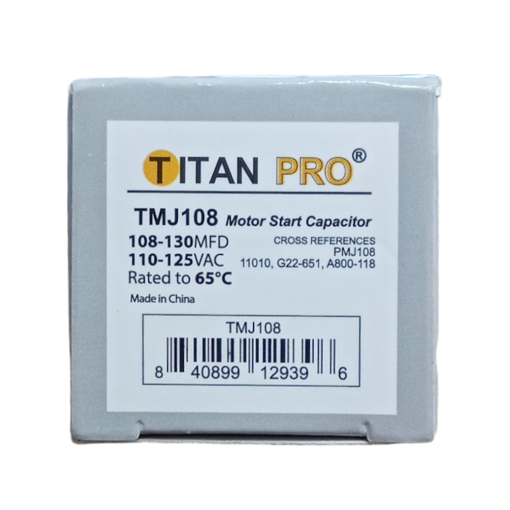Titan Pro TMJ108 Motor Start Capacitor 108-130 MFD UF / 110-125 VAC