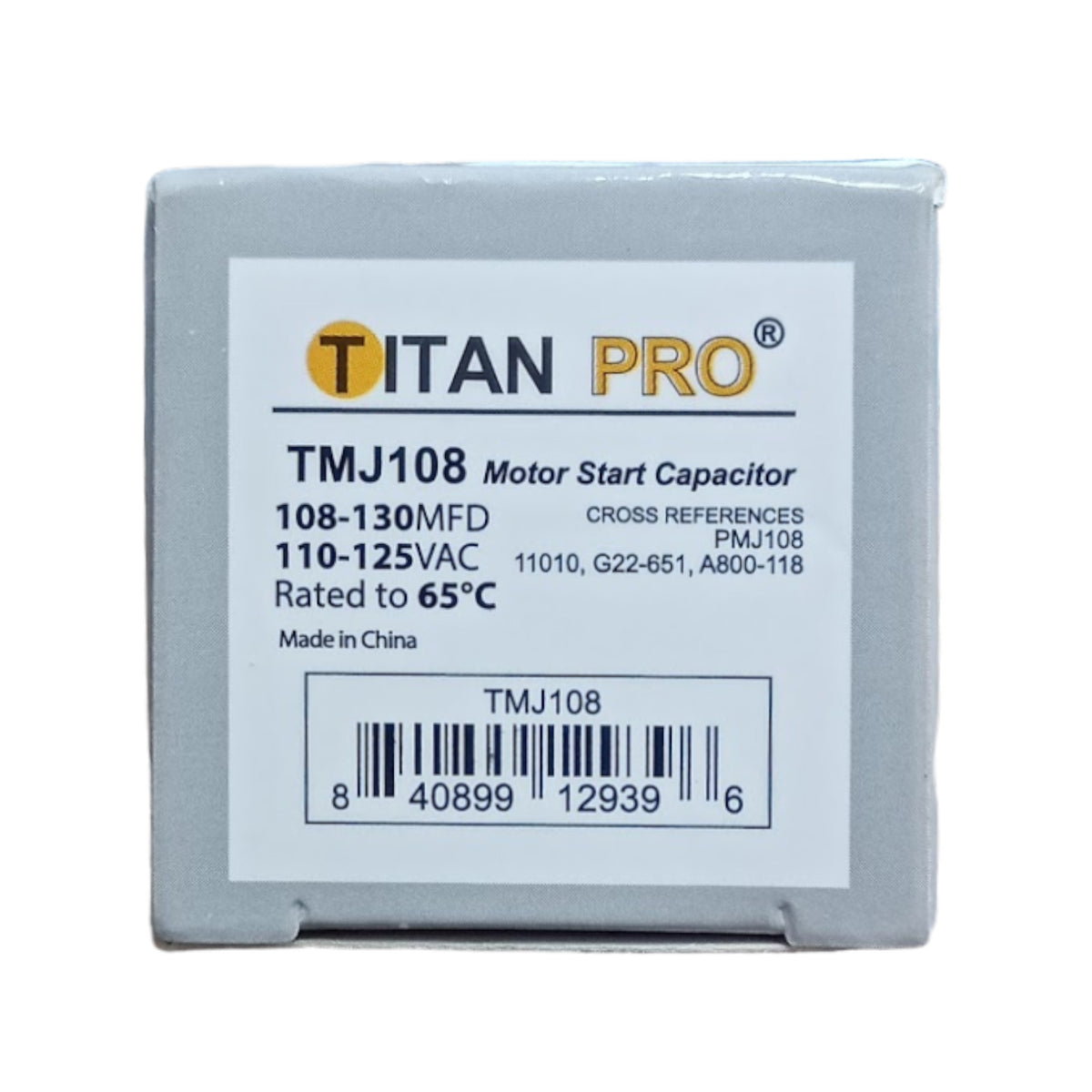 Titan Pro TMJ108 Motor Start Capacitor 108-130 MFD UF / 110-125 VAC