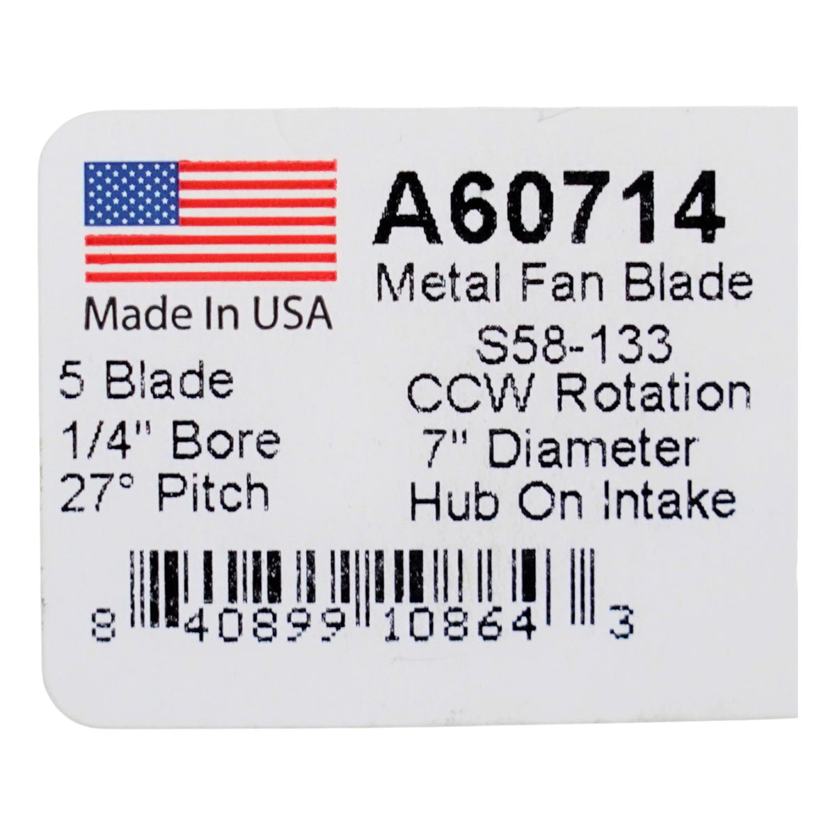 A60714 Metal Fan Blade 7" Diameter 5 Blades 1/4" Bore Hub CCW 27 Degree Prop