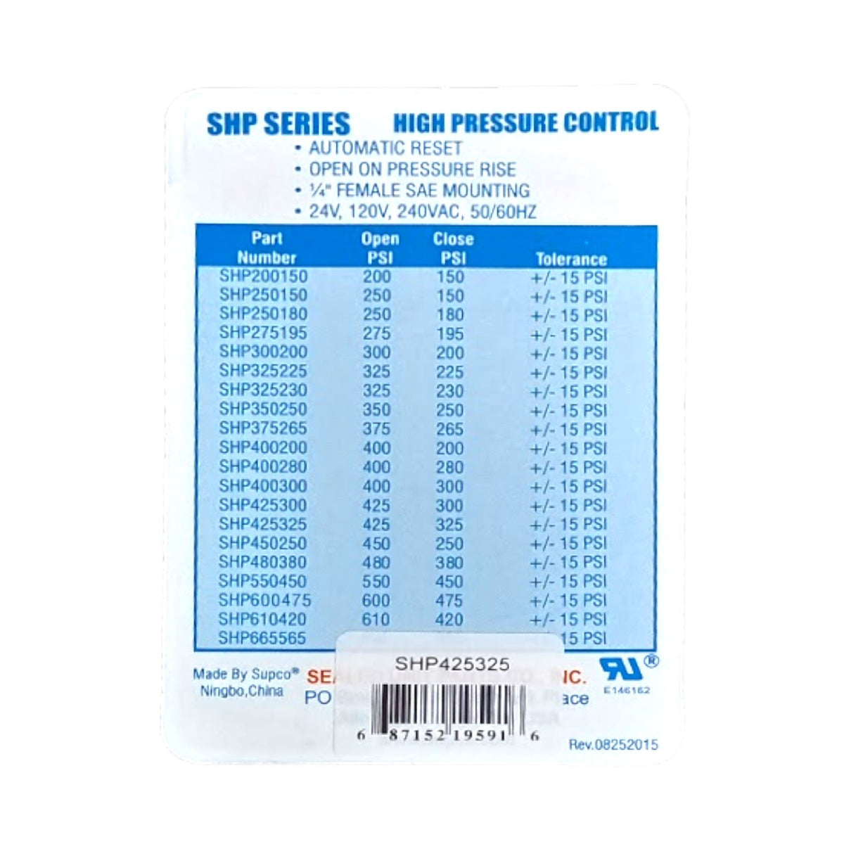 Supco SHP425325 High Pressure Switch Open: 425 Close: 325 PSI HVAC Refrigeration
