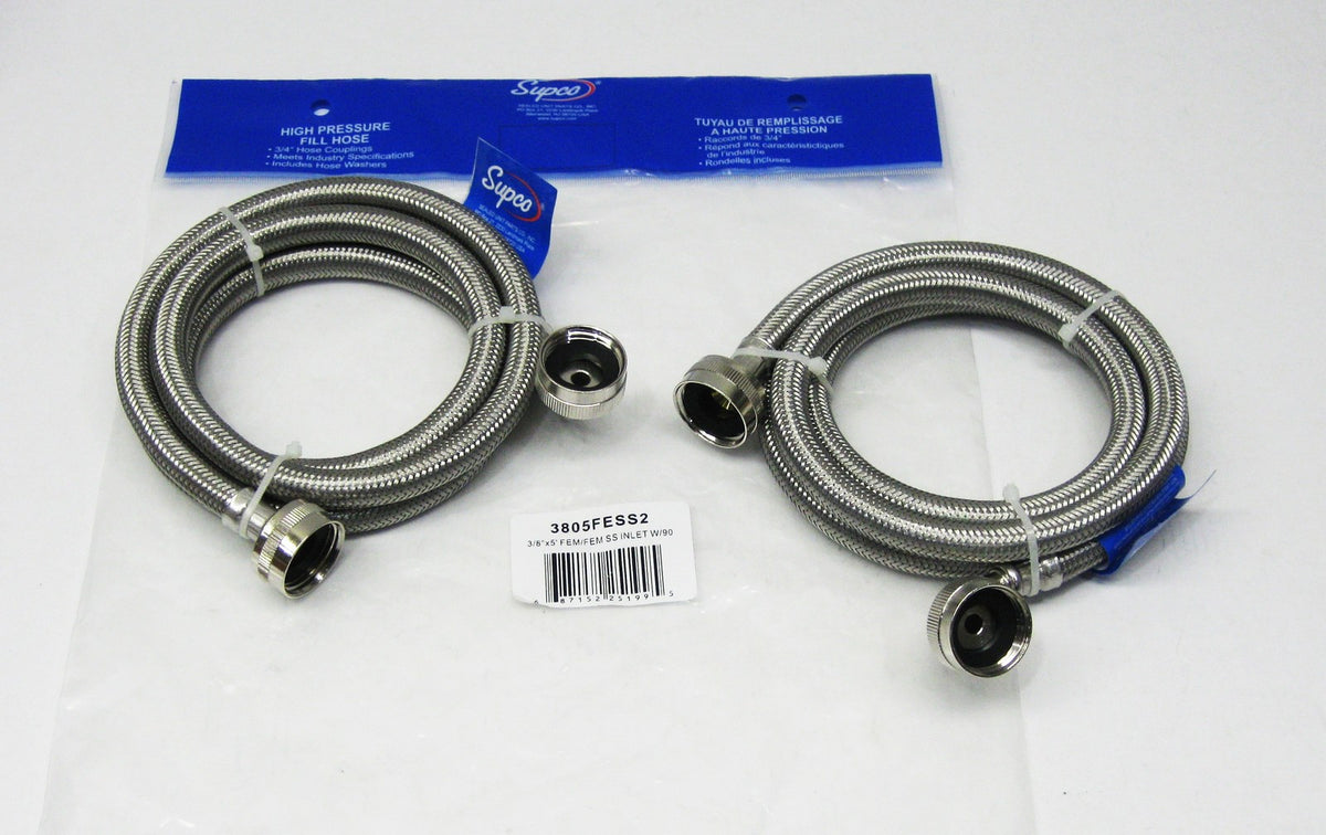 Stainless Steel Washing Machine 90 Degree 5' Set Inlet Fill Hoses with Washers