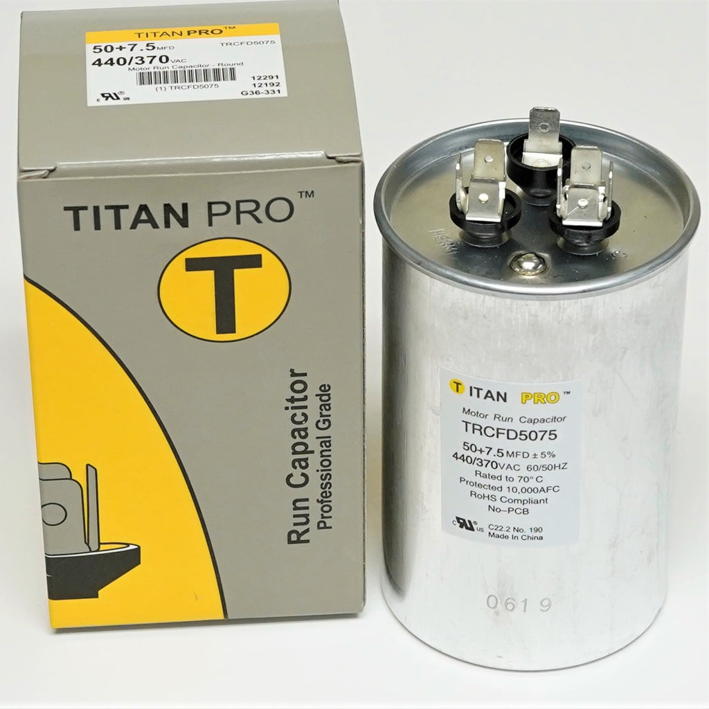 TitanPro TRCFD5075 HVAC Round Dual Motor Run Capacitor. 50/7.5 MFD/UF440/370