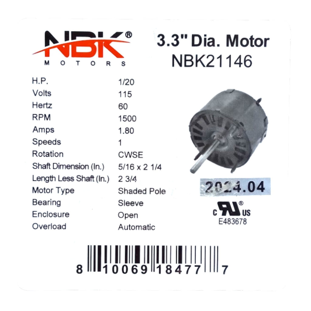 Fan Motor 3.3" Dia.1/20 HP 1500 RPM 115 Volts CW Rotation Replaces Fasco D132