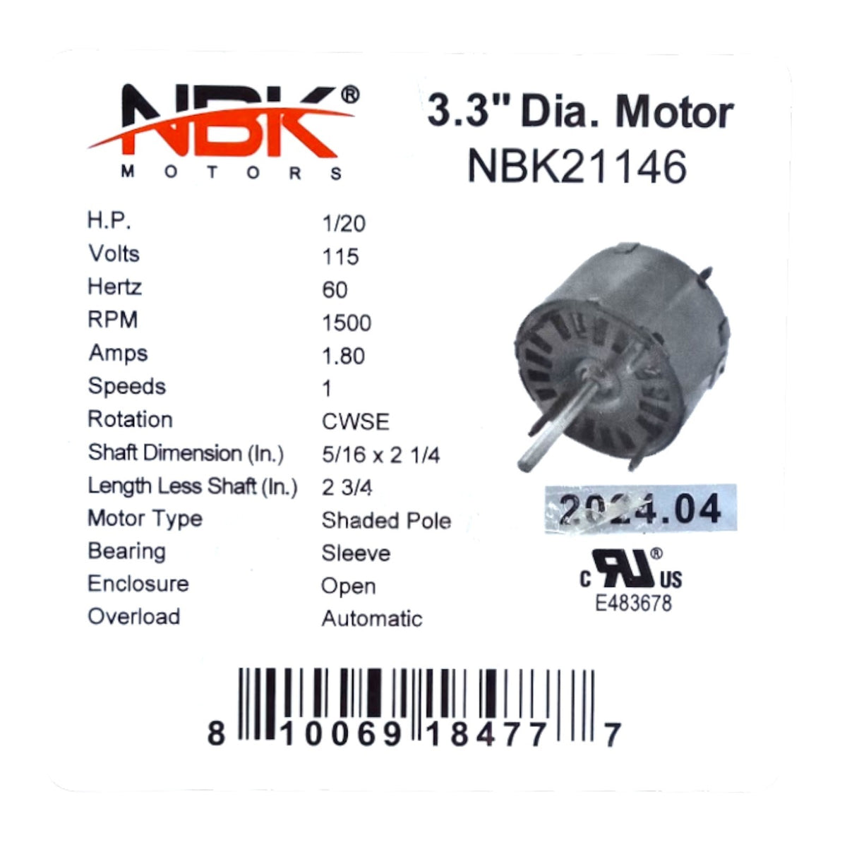 Fan Motor 3.3" Dia.1/20 HP 1500 RPM 115 Volts CW Rotation Replaces Fasco D132