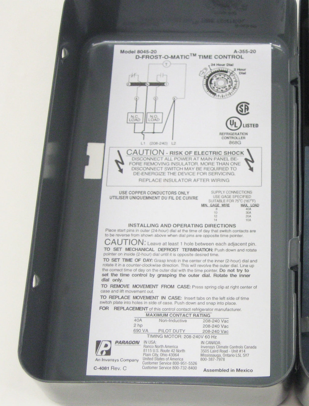 Paragon 8045-20 Defrost Control Commercial Refrigeration Timer