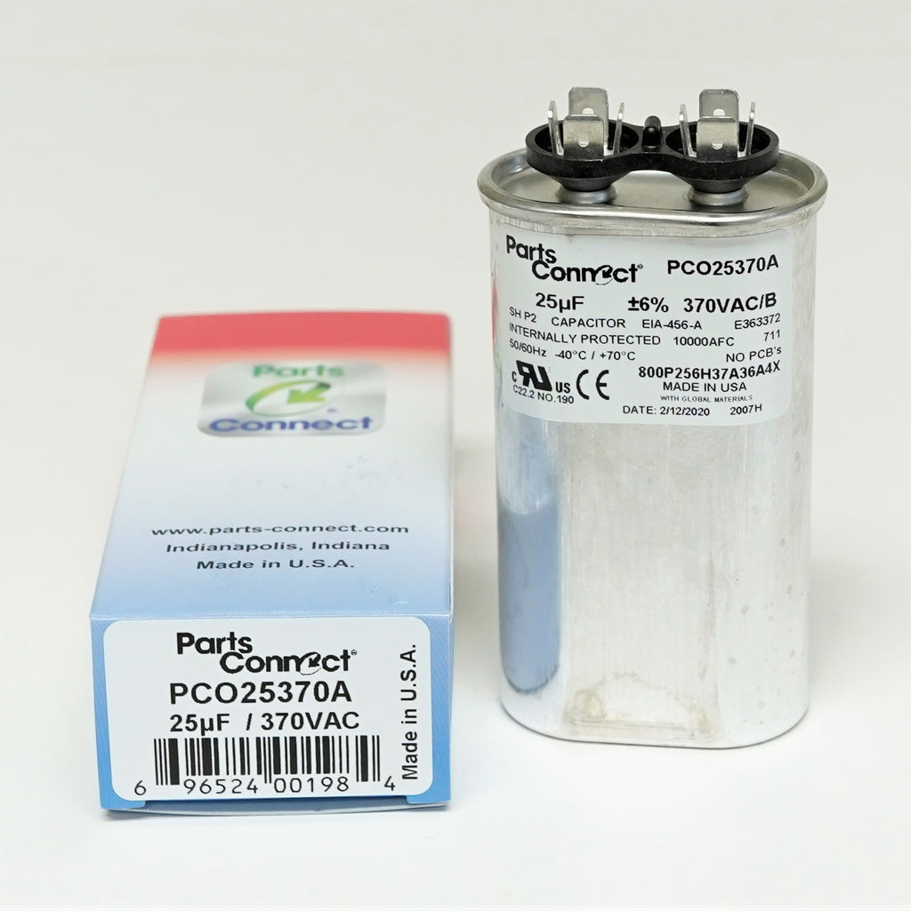 USA Run Capacitor 25 mfd (uf) 370 Volt Oval American Made PartsConnect PCO25370A