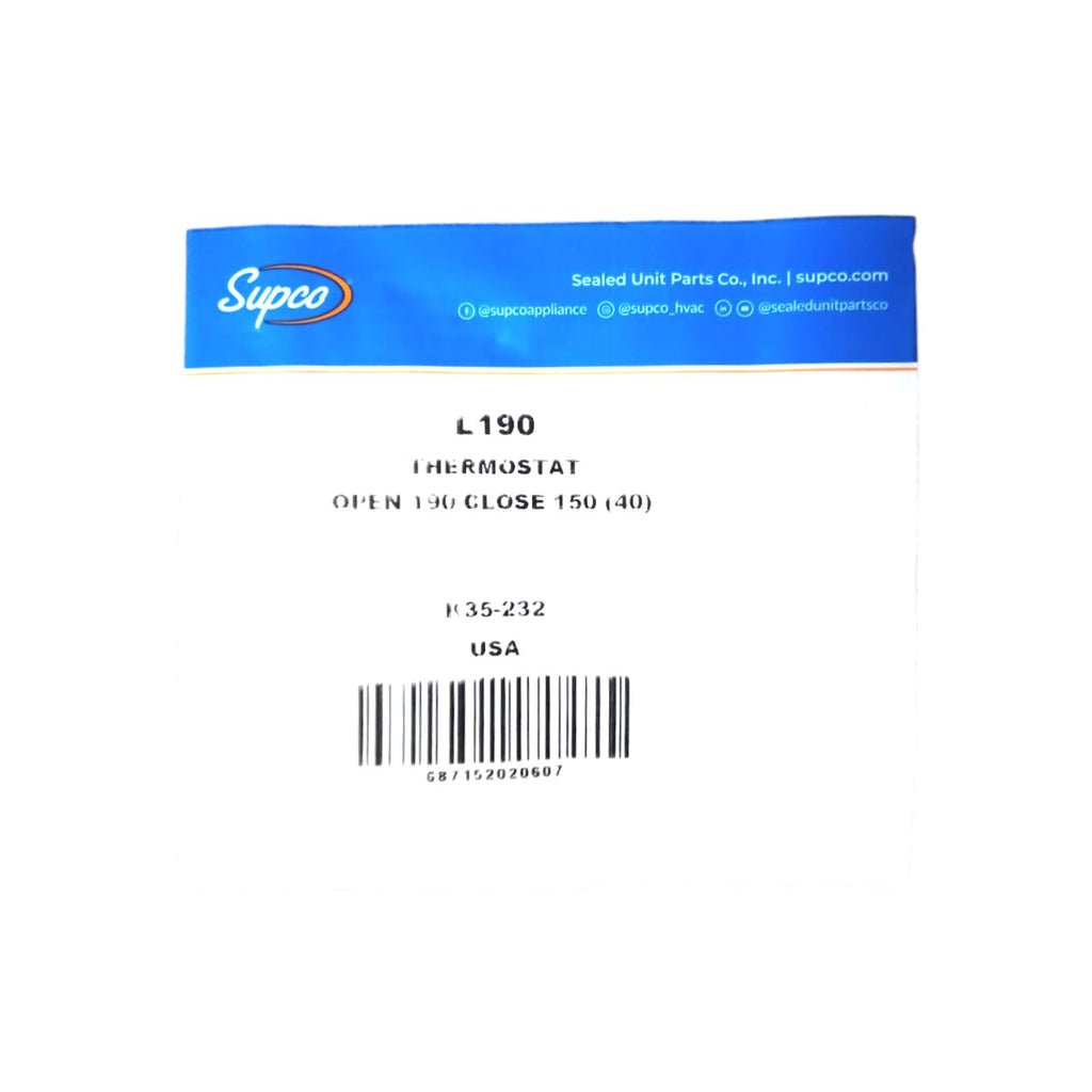 Supco L190-40 Heater Limit Thermostat Thermodisc Open On Rise