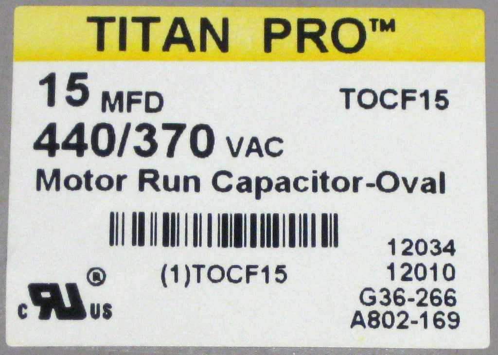 TitanPro TOCF15 HVAC Motor Run Oval Capacitor 15 MFD/UF 440/370 Volts