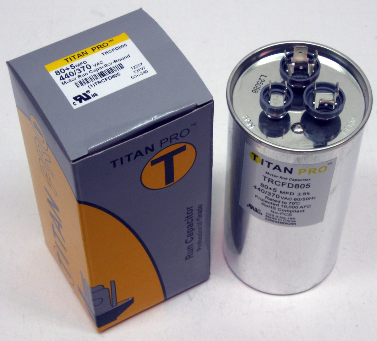 TitanPro TRCFD805 HVAC Round Dual Motor Run Capacitor 80/5 MFD/UF440/370 Volts