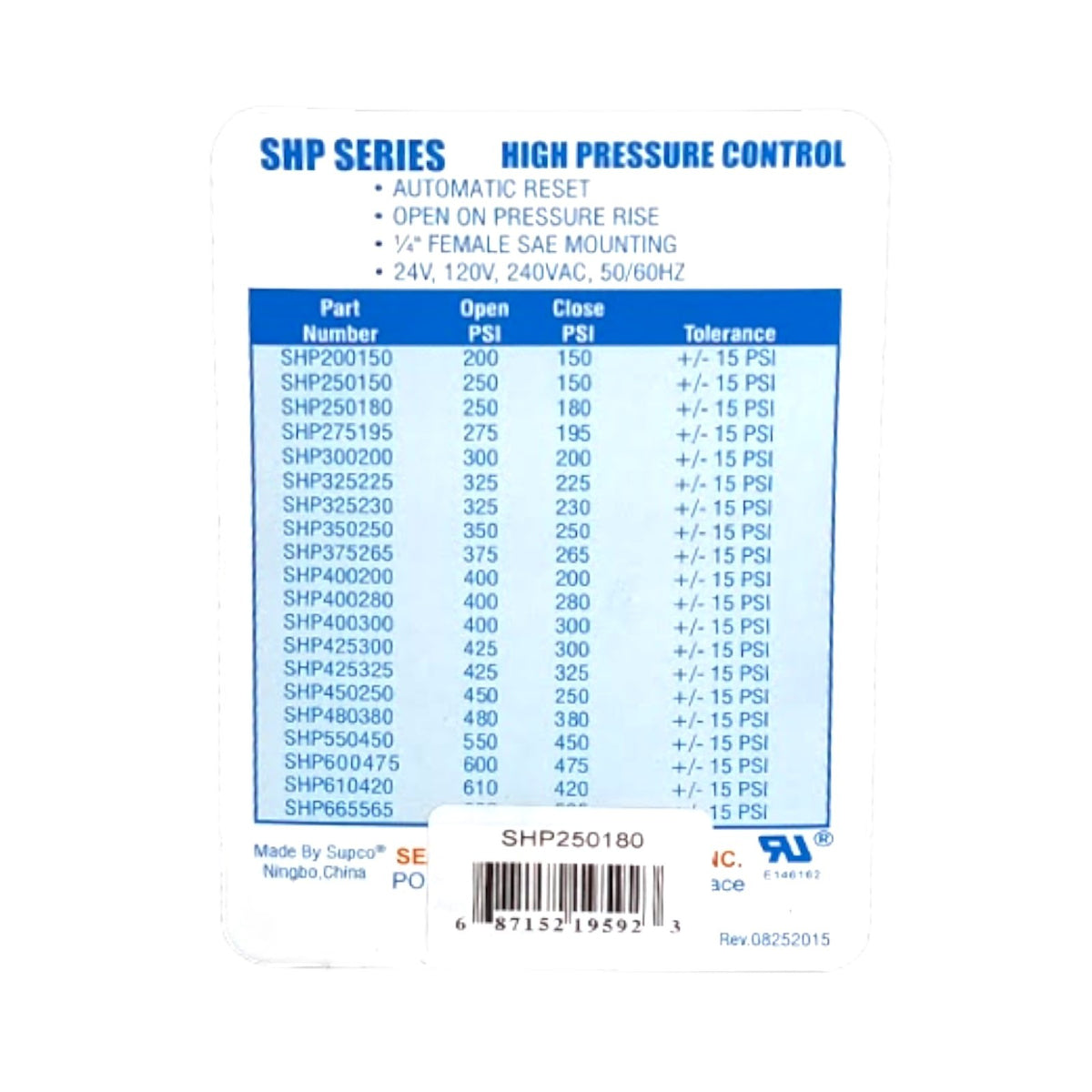 Supco SHP250180 High Pressure Switch Open: 250 Close: 180 PSI HVAC Refrigeration
