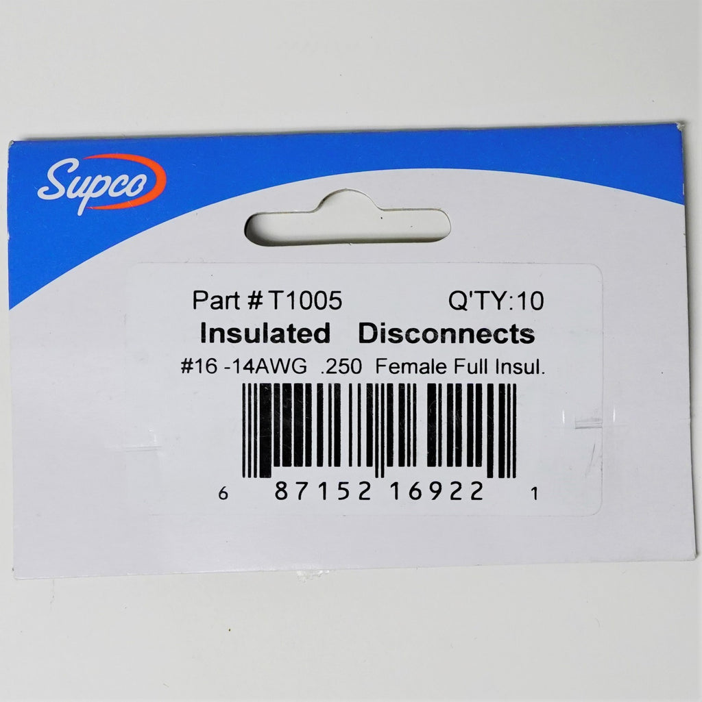 Supco T1005 Fully Insulated Female Slip On Electrical Terminal 16-14 Wire