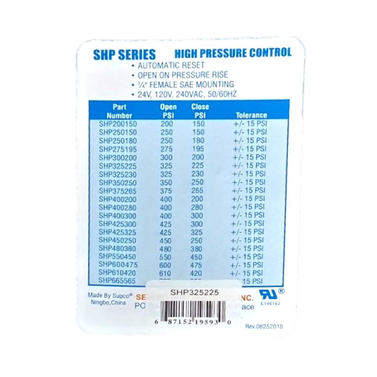 Supco SHP325225 High Pressure Switch Open: 325 Close: 225 PSI HVAC Refrigeration