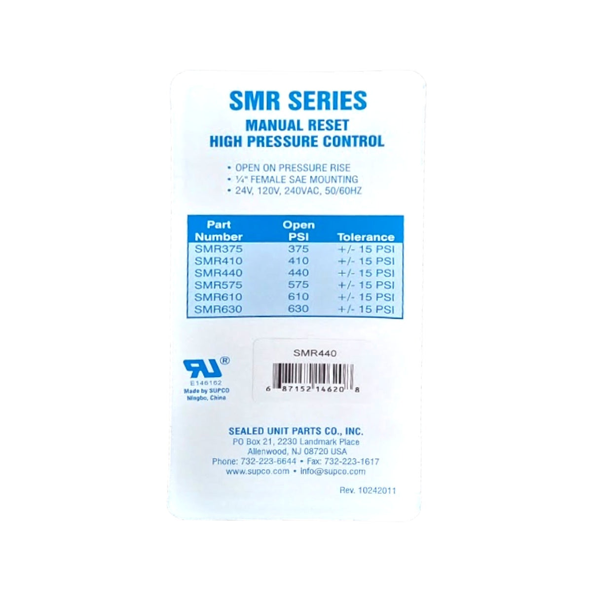 Supco SMR440 High Pressure Switch Manual Reset 440 PSI HVAC Refrigeration