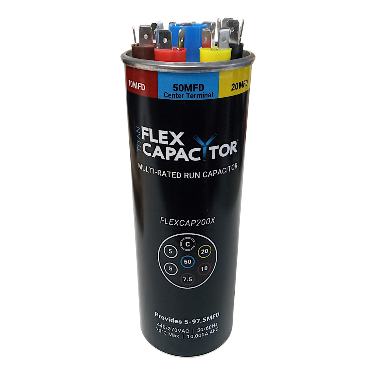 Titan Flex Multi-Rating Round Run Capacitor 5-97.5 MFD for HVAC Motors and